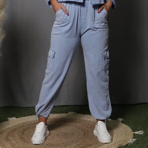 NWOT: Giocam Casual Light Blue Cargo Pants w/ drawstring waist and ankles